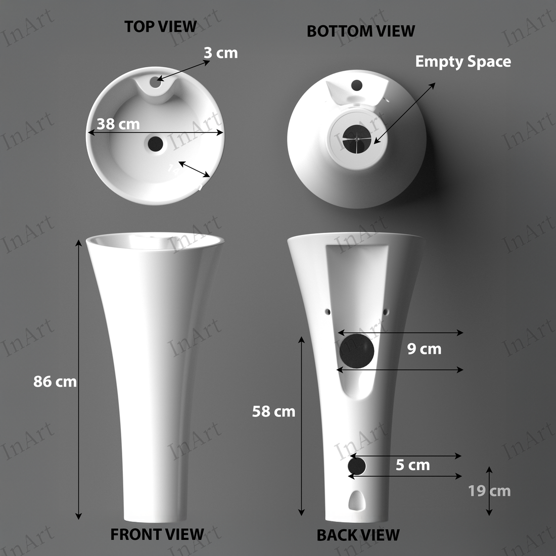 InArt Ceramic Pedestal Free Standing Round Wash Basin White 38x38 CM PW038
