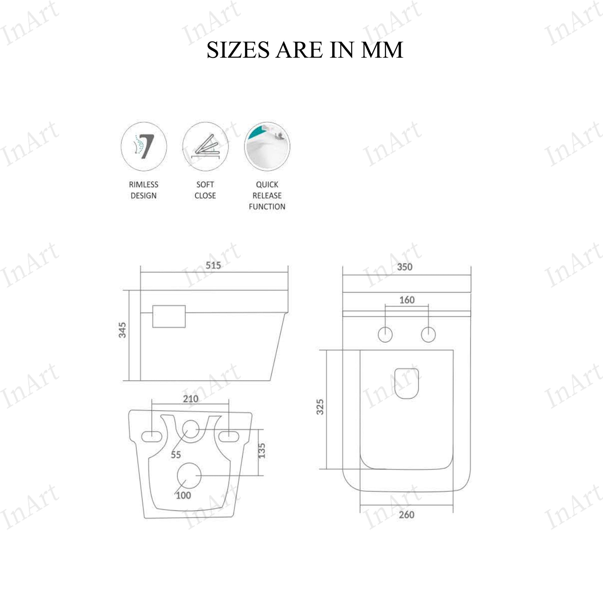 InArt rimless ceramic white glossy wall hung commode - retail packaging with product branding and specifications