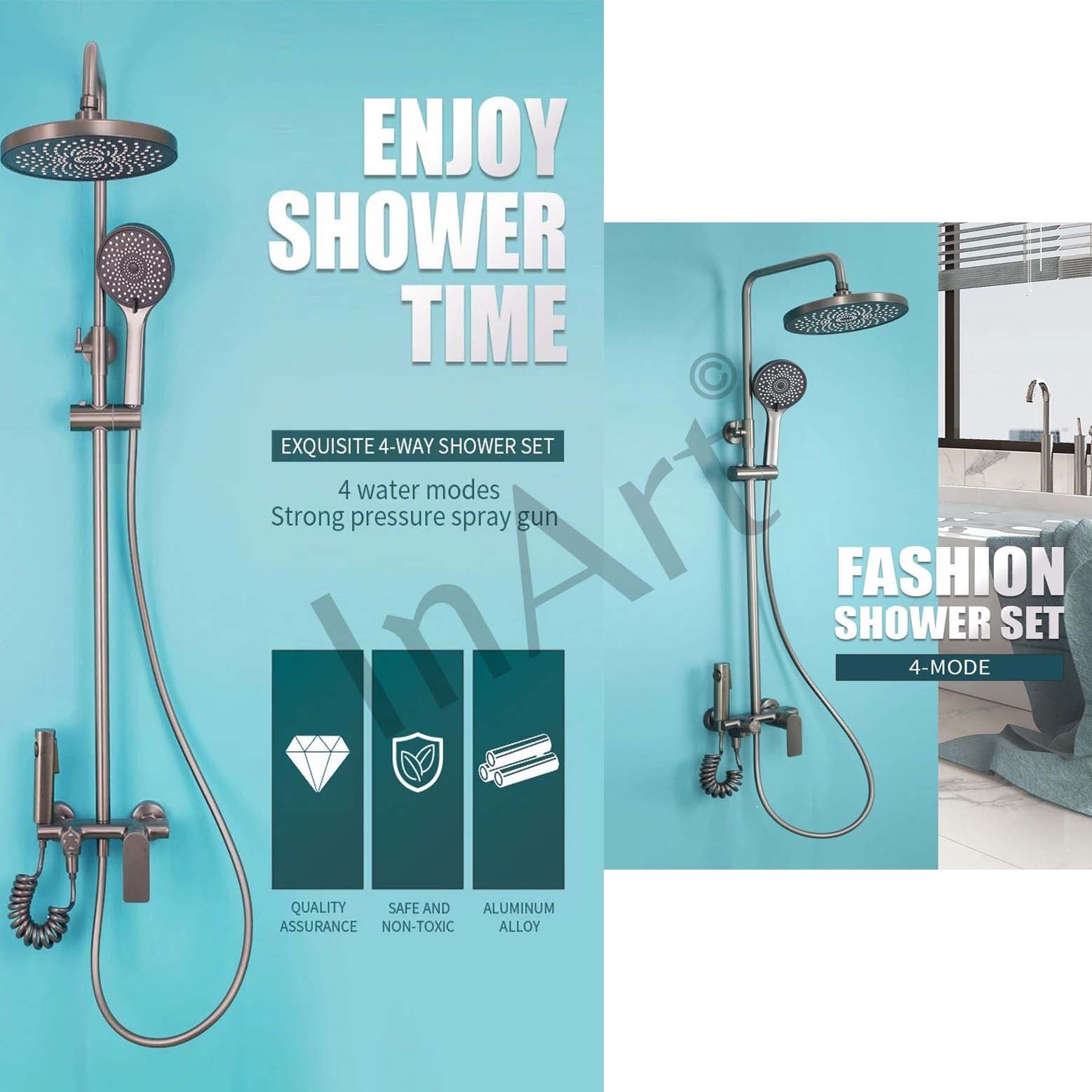 InArt Grey Stainless Steel Shower Panel Set with Single Lever Mixer - Includes Rainfall & Waterfall Overhead, Handheld Shower, Health Faucet & Accessories - InArt-Studio