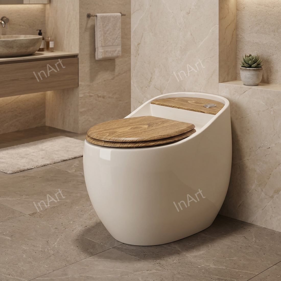 One piece ceramic western commode in glossy white with oval design, floor mounted
