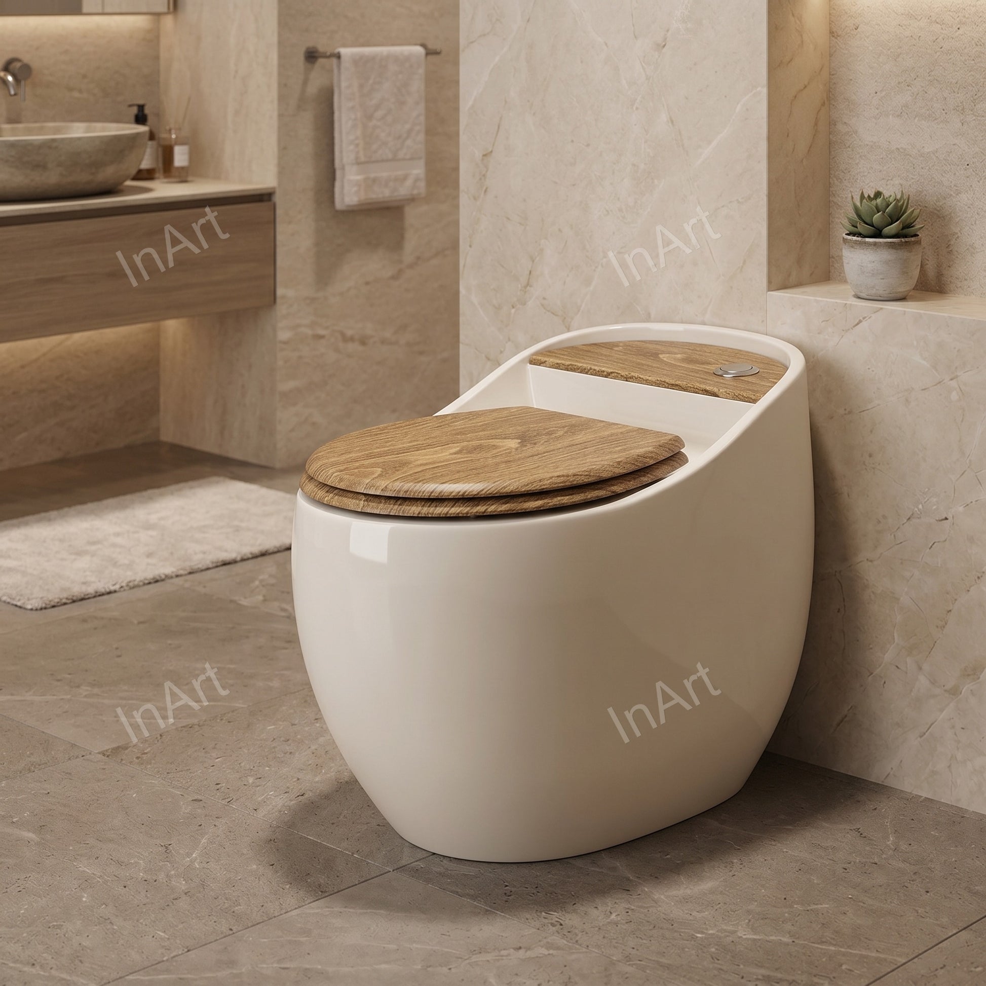 One piece ceramic western commode in glossy white with oval design, floor mounted