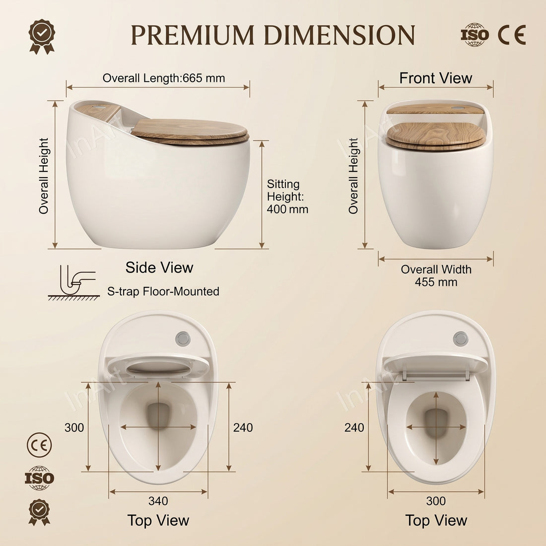 One piece ceramic western commode in glossy white with oval design, floor mounted