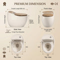 Close-up of soft-close toilet seat with wood-finish look on white commode