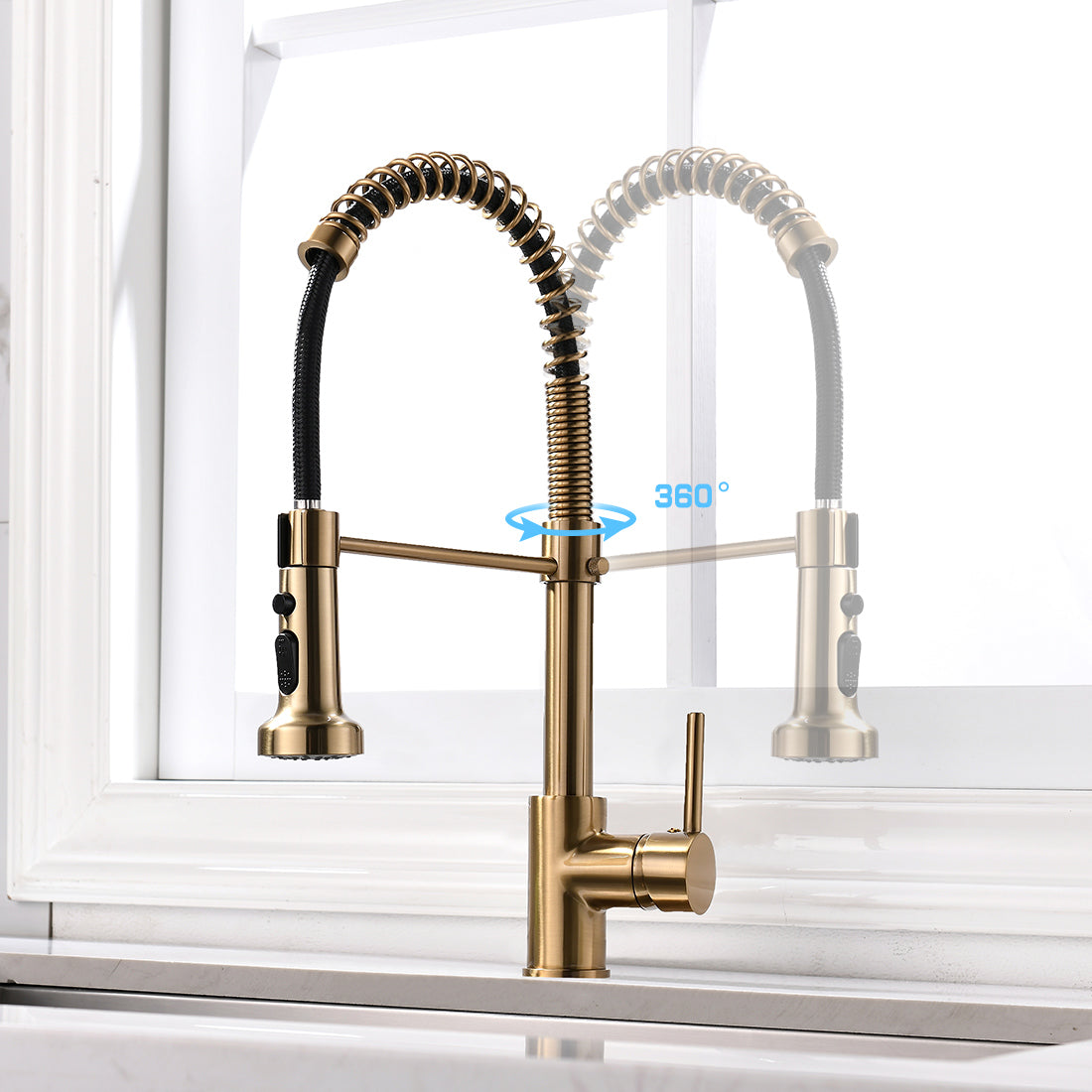 InArt Single Lever Kitchen Sink Mixer 360° Pull-Down Sprayer Kitchen Faucet with Multi-Function Spray Head, Brushed Gold KSF025 - InArt-Studio