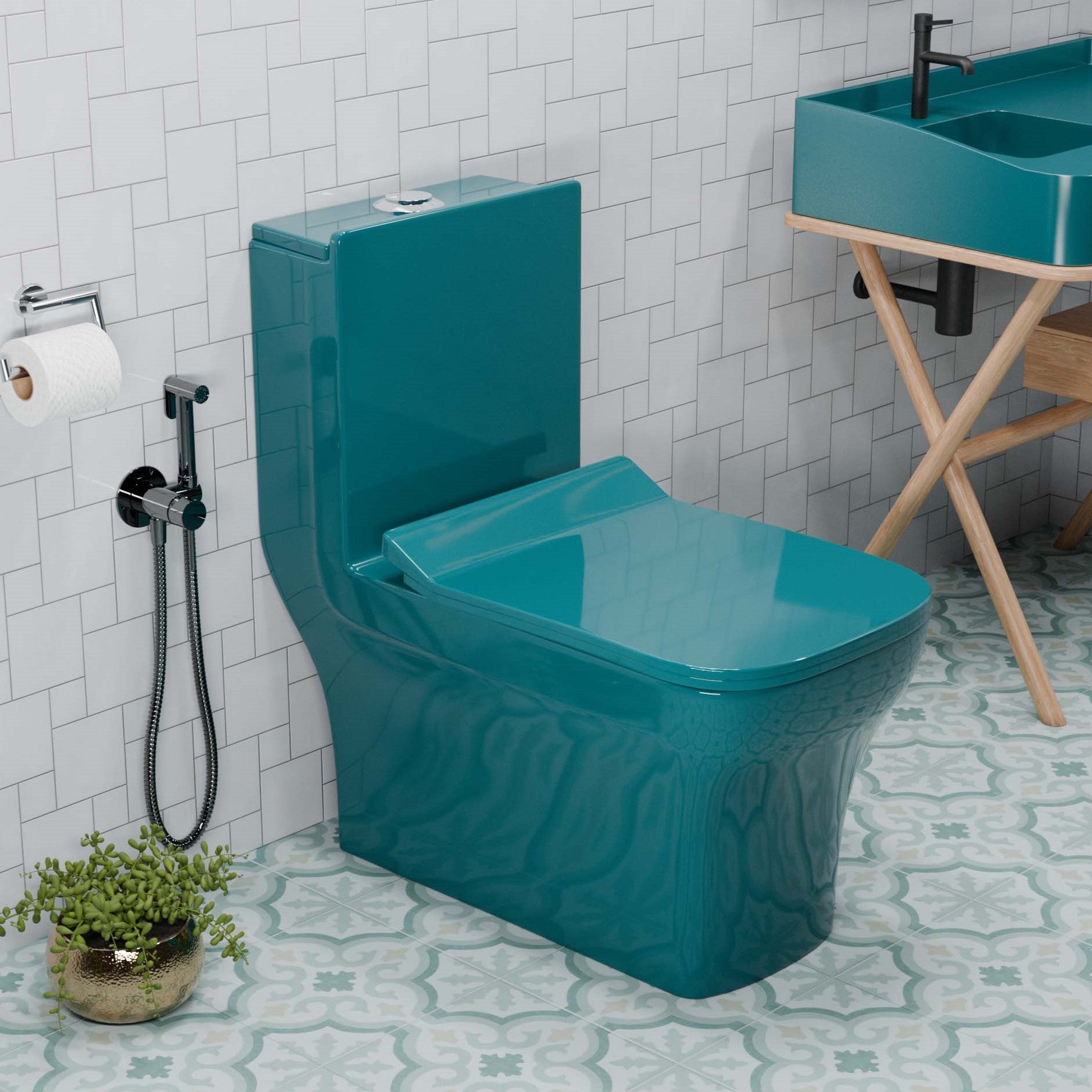 InArt Ceramic One Piece Western Toilet Commode - European Commode Water Closet With Soft Close Seat Cover P Trap Green Glossy Rectangle OPD058