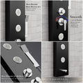 Black stainless steel shower panel with rainfall head and body nozzles - modern fluted paneling design view