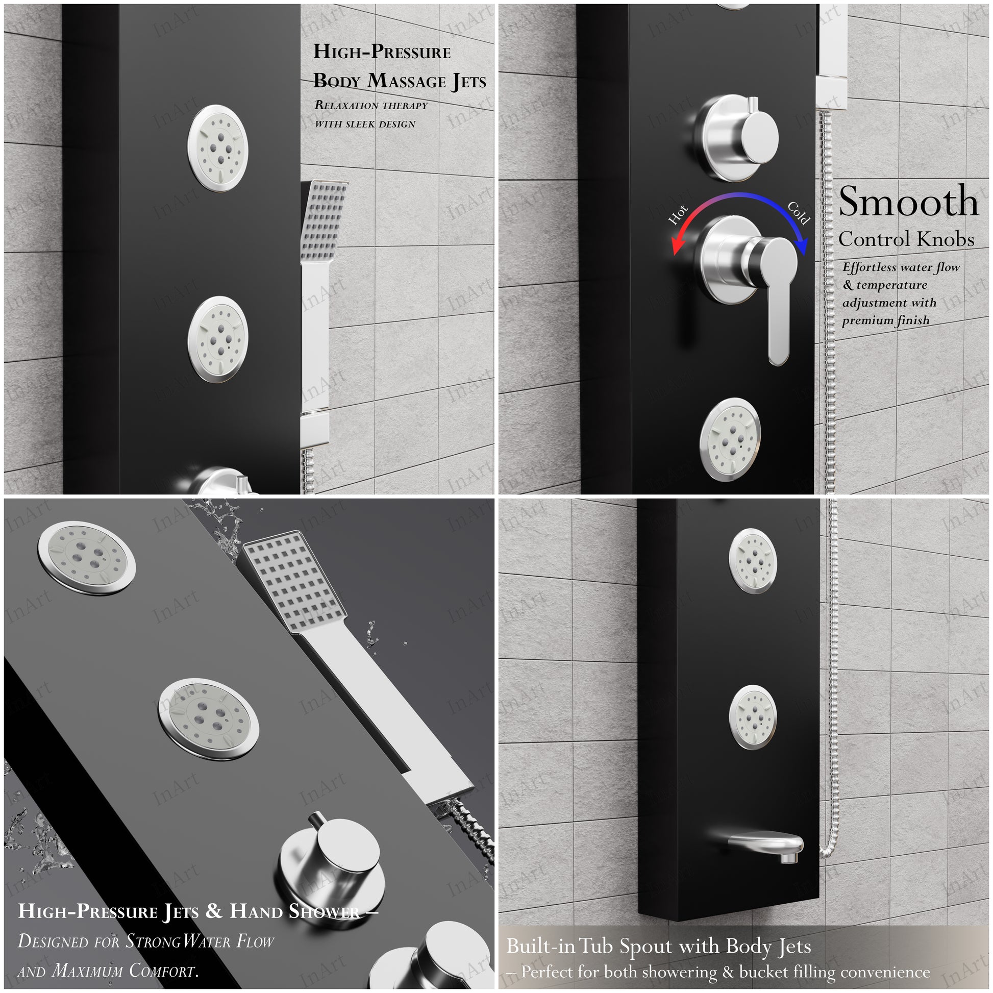 Black stainless steel shower panel with rainfall head and body nozzles - modern fluted paneling design view