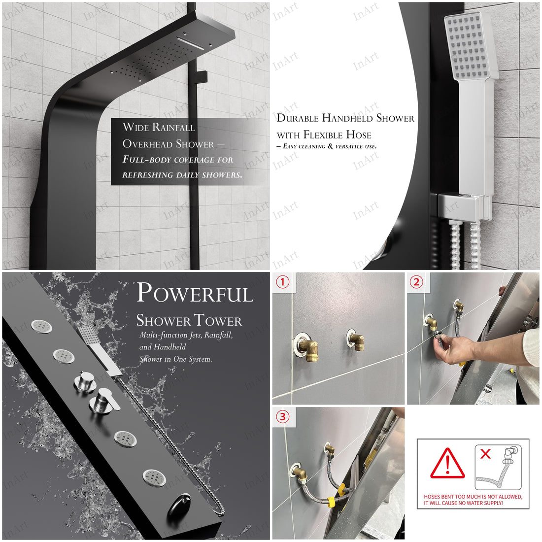InArt black stainless steel shower panel with rainfall head and body nozzles - main product view