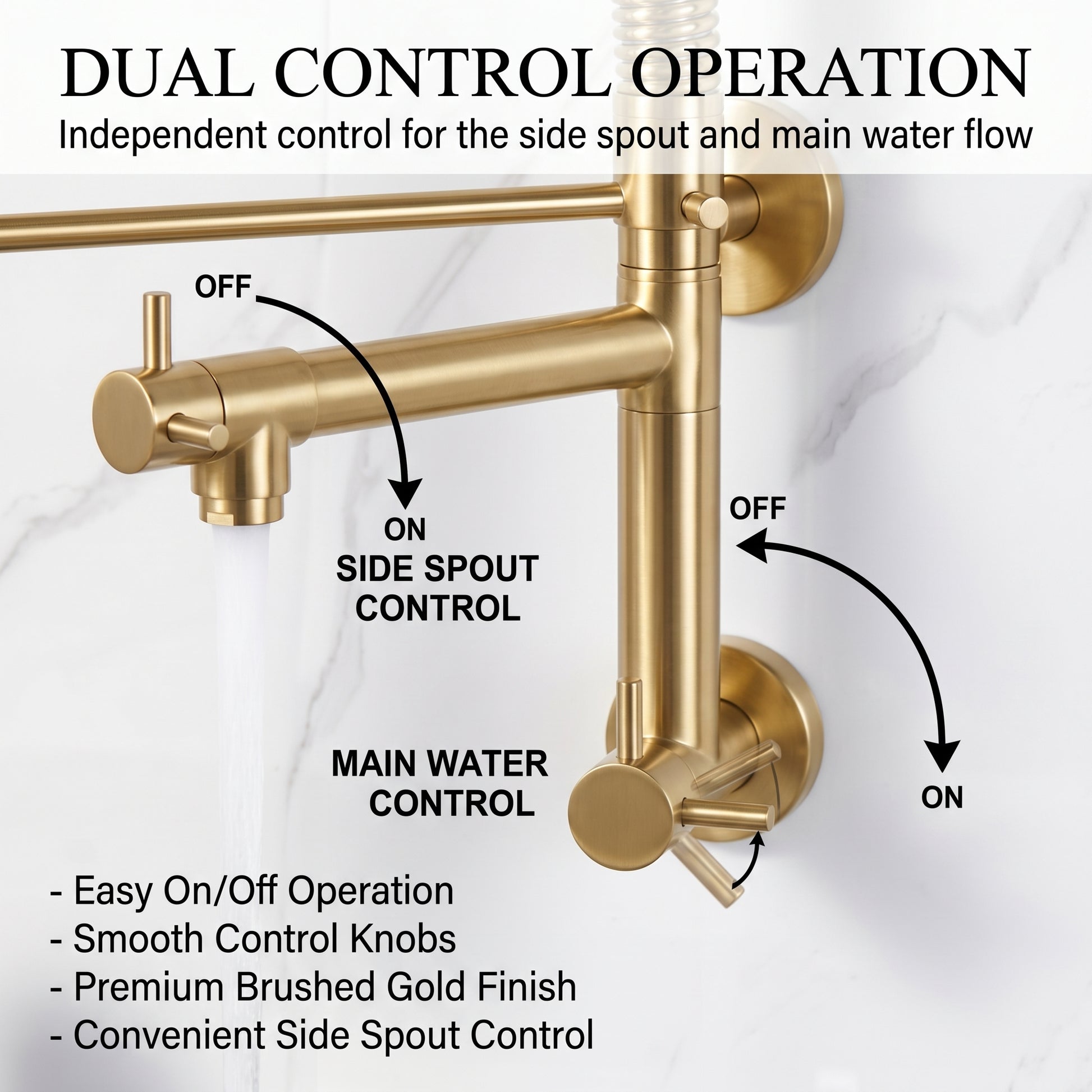 InArt brushed gold pull-down kitchen sink tap showing multifunction spray head
