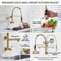 Wall mounted kitchen sink mixer tap in brushed gold finish with 360 degree swivel spout