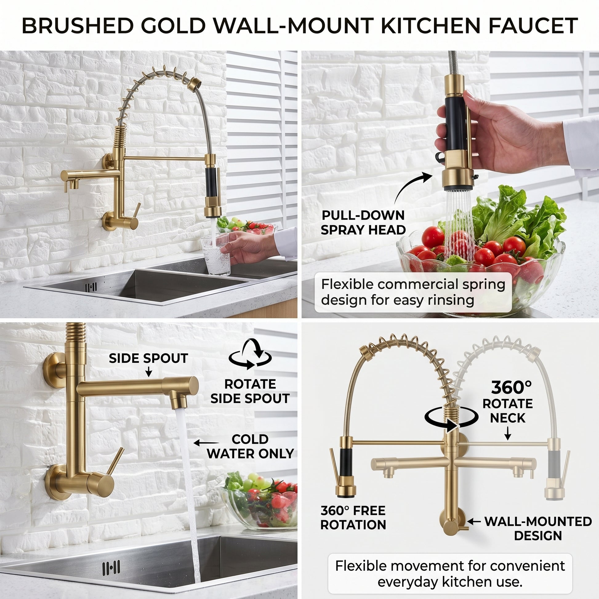 Wall mounted kitchen sink mixer tap in brushed gold finish with 360 degree swivel spout