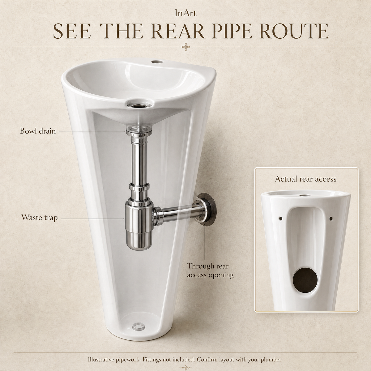 InArt Fortune · With Tap Hole White pedestal wash basin: See how the drain pipe connects