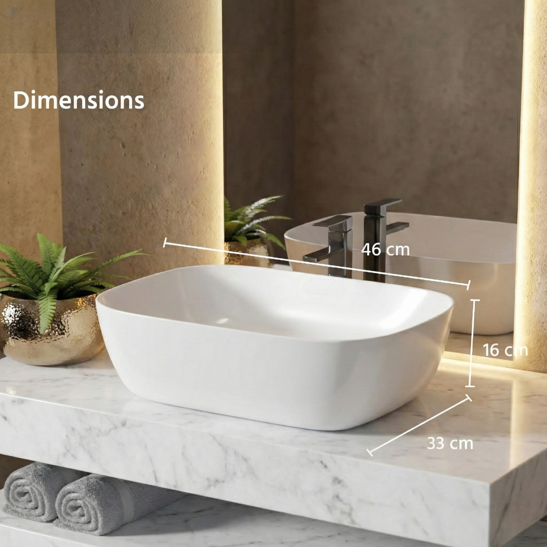 InArt white ceramic rectangular table top wash basin 46x33cm - front view with smooth finish