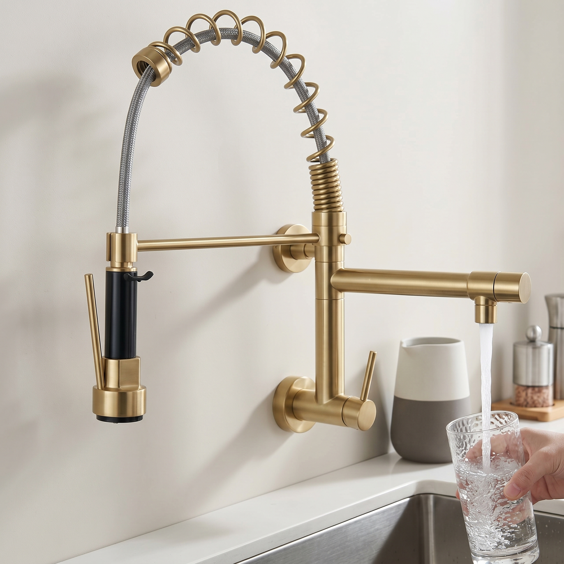 InArt wall kitchen faucet brushed gold finish detail with single lever control