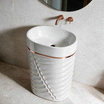 InArt Jupiter 300 White & Rose Gold pedestal wash basin: Lifestyle view