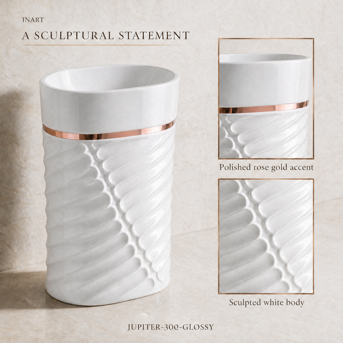 InArt Jupiter 300 White & Rose Gold pedestal wash basin: A designer band and shaped stand
