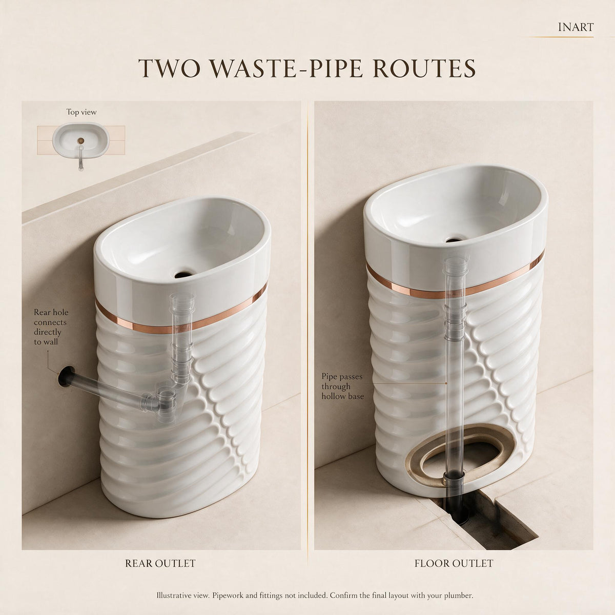 InArt Jupiter 300 White & Rose Gold pedestal wash basin: Two ways to connect the drain pipe