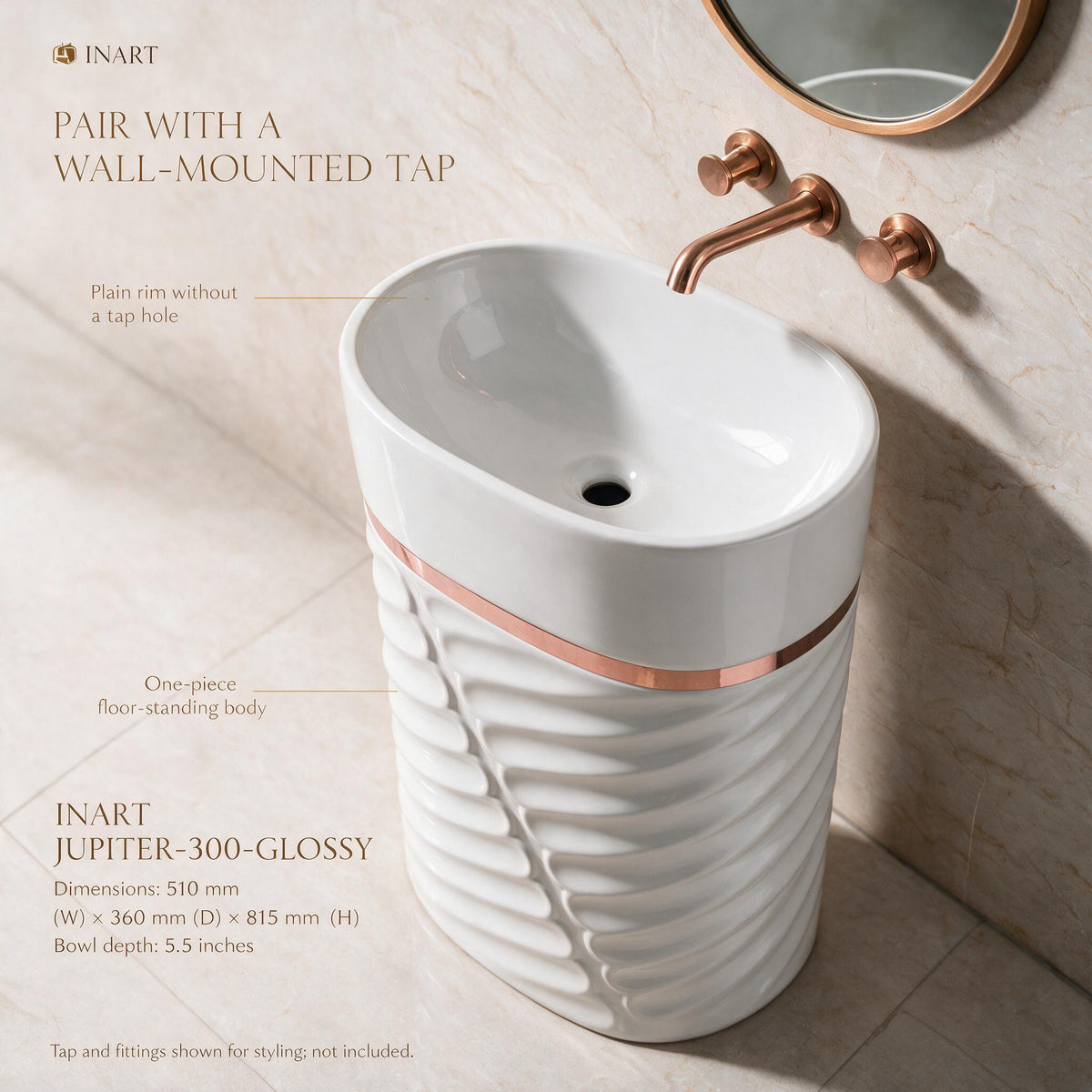 InArt Jupiter 300 White & Rose Gold pedestal wash basin: Choose a suitable wall-mounted tap