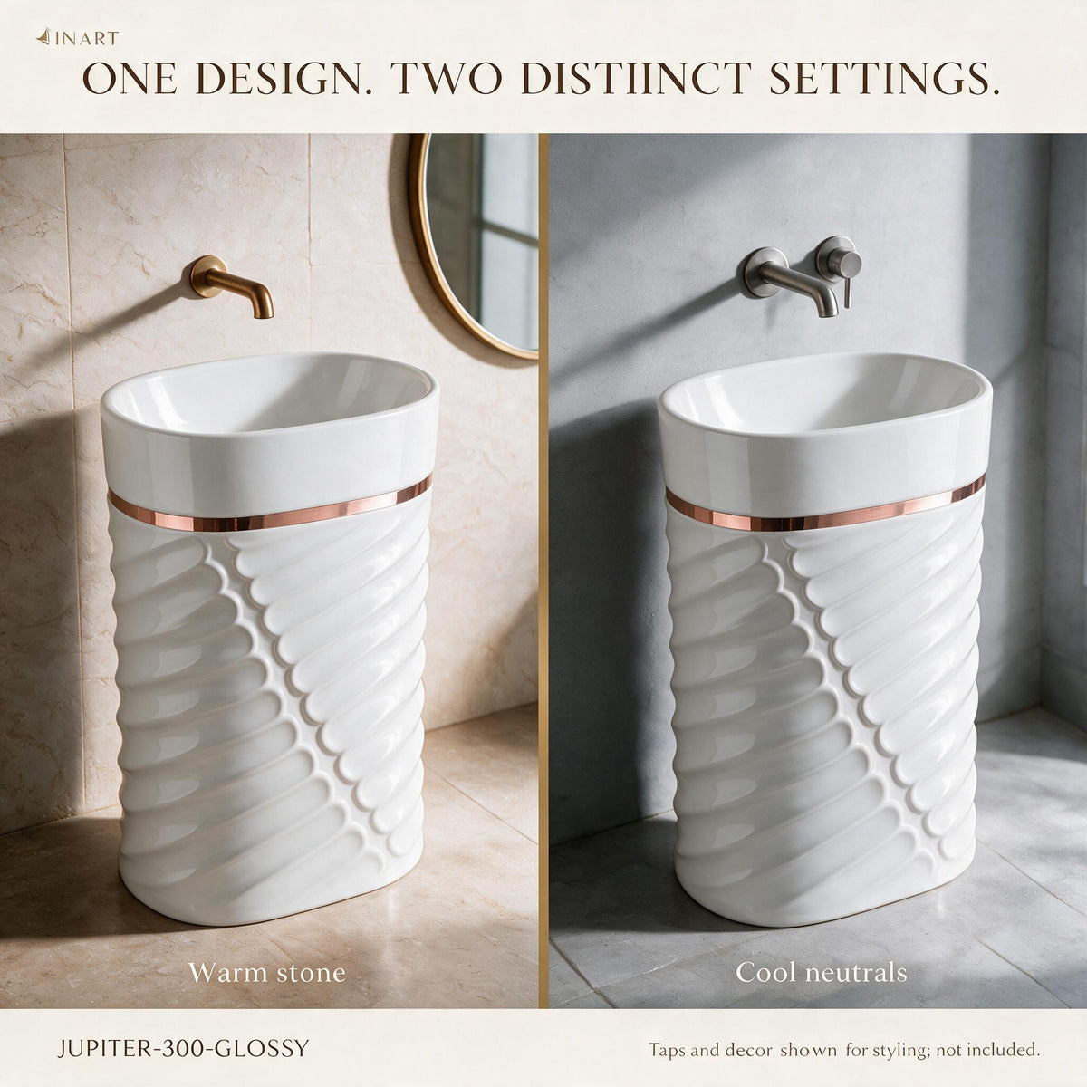 InArt Jupiter 300 White & Rose Gold pedestal wash basin: One basin, two bathroom ideas