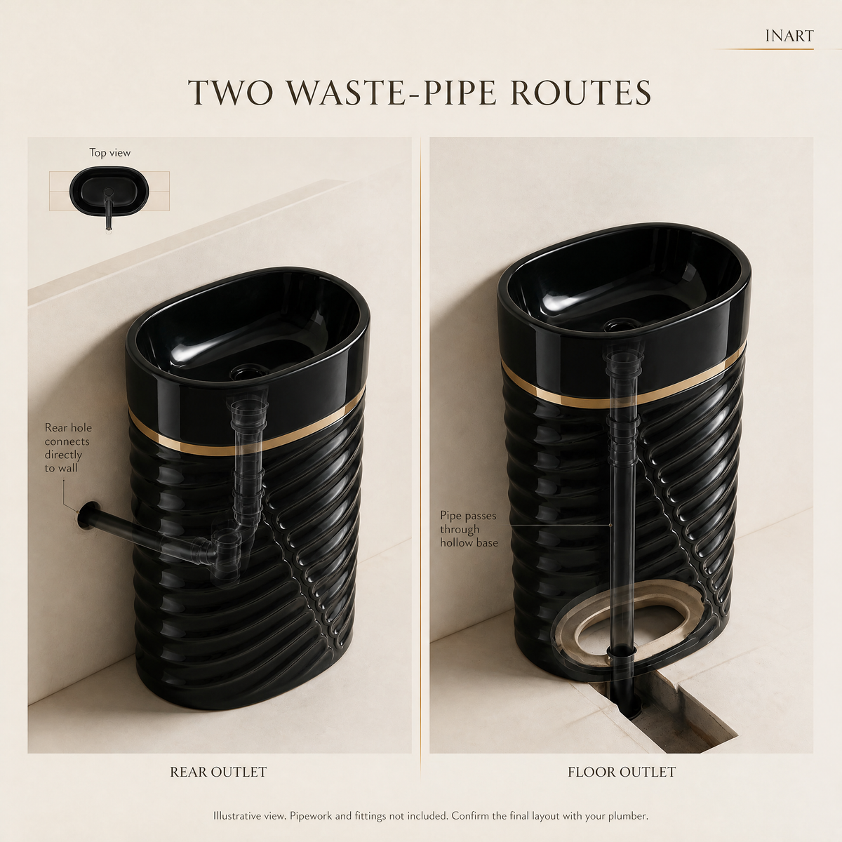 InArt Jupiter 302 Black & Gold pedestal wash basin: Two ways to connect the drain pipe