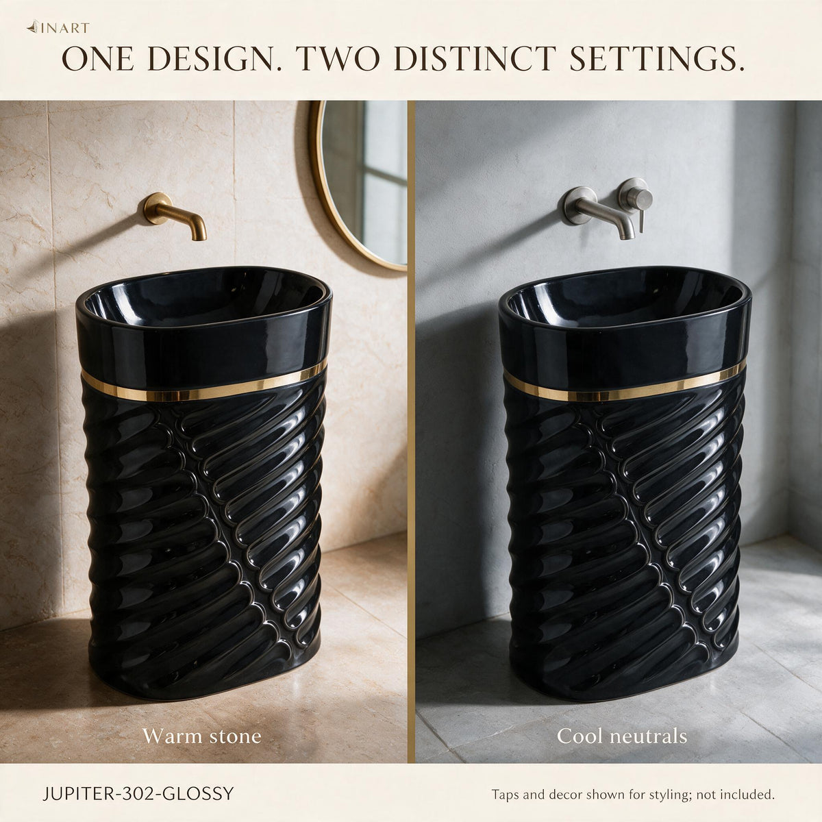 InArt Jupiter 302 Black & Gold pedestal wash basin: One basin, two bathroom ideas