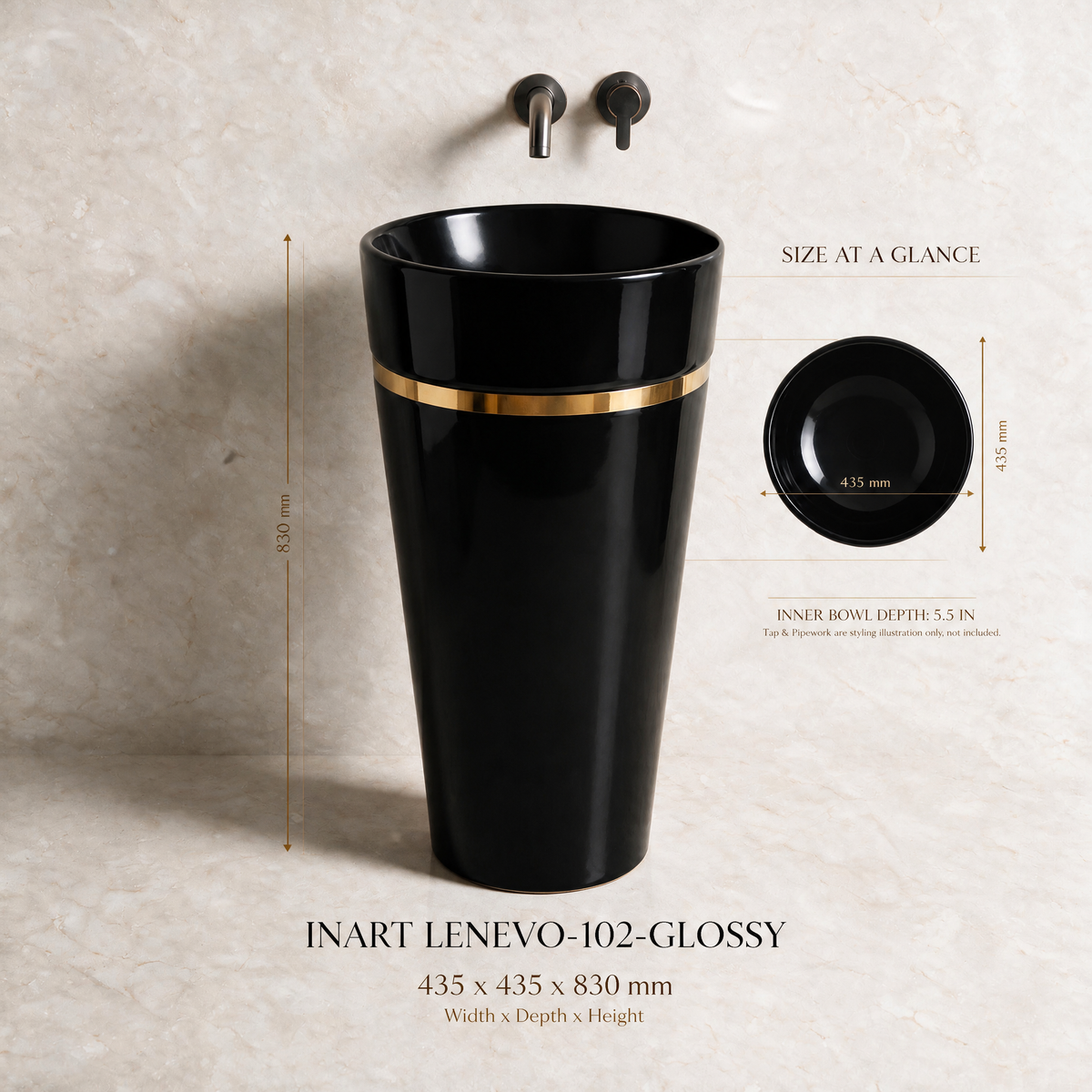 InArt Lenevo 102 Black & Gold pedestal wash basin: Check the overall size