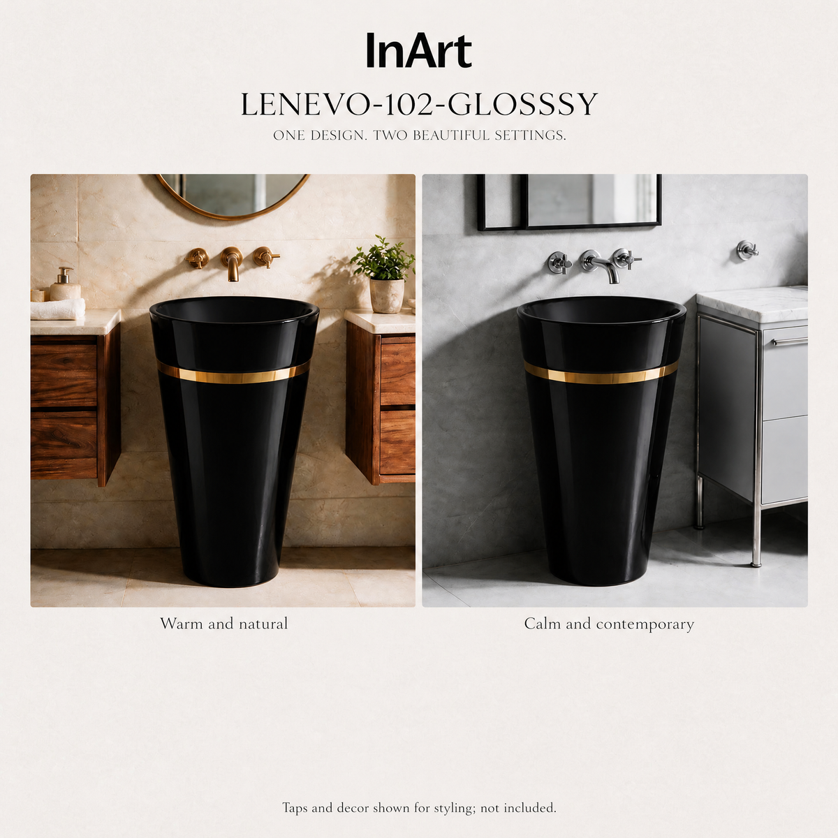 InArt Lenevo 102 Black & Gold pedestal wash basin: One basin, two bathroom ideas