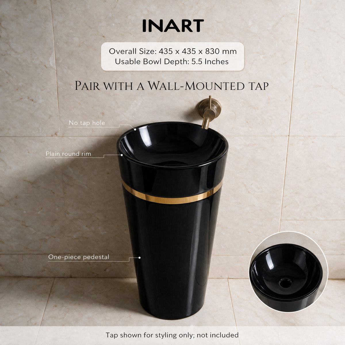 InArt Lenevo 102 Black & Gold pedestal wash basin: Choose the correct tap