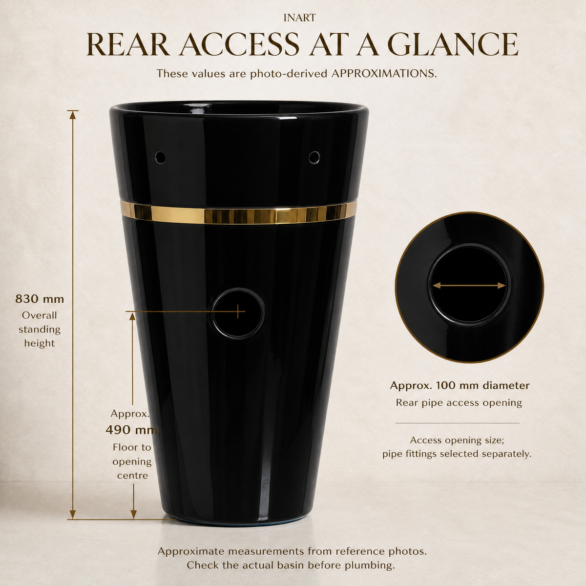 InArt Lenevo 102 Black & Gold pedestal wash basin: Pipe opening on the back side
