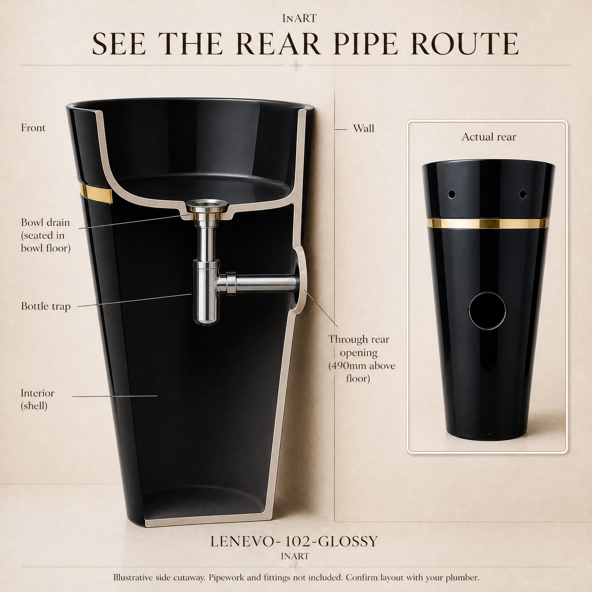 InArt Lenevo 102 Black & Gold pedestal wash basin: See how the drain pipe connects
