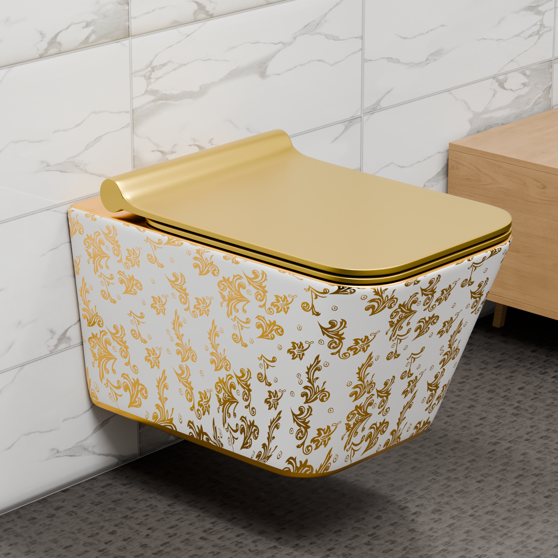 InArt Ceramic Rimless Wall Hung or Wall Mounted Water Closet Toilet with Soft Seat Cover Leaf Pattern White Gold Color DWH007