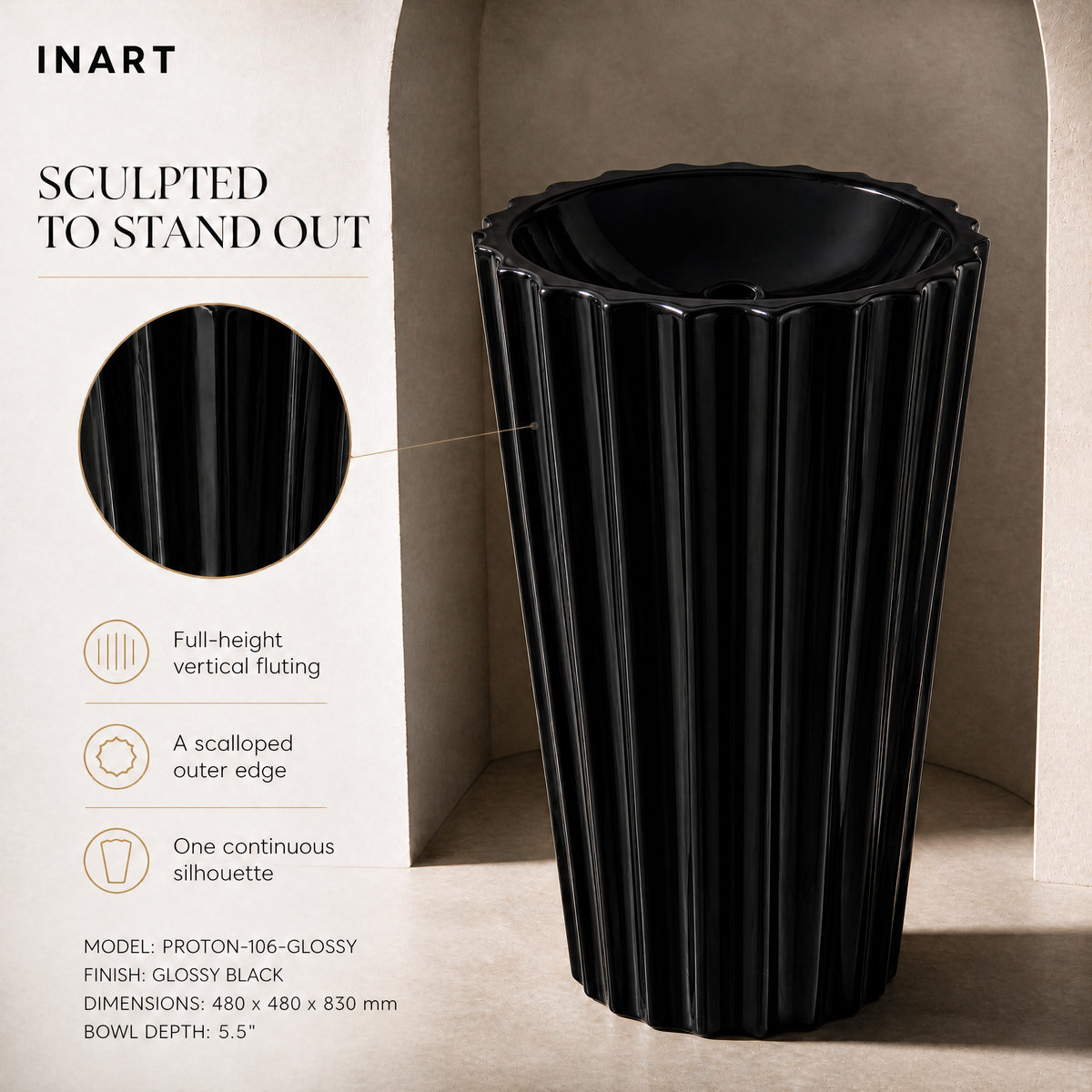 InArt Proton 106 Black pedestal wash basin: The basin and stand are one piece