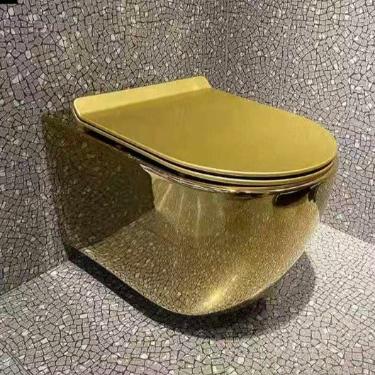 InArt Ceramic Wall Hung or Wall Mounted Designer (Clean Rim) Rimless Water Closet Toilet with Soft Seat Cover Gold DWH029 - InArt-Studio