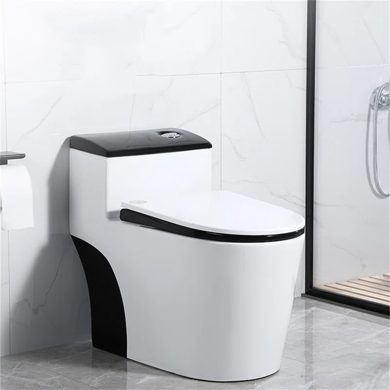 InArt Syphonic Washdown Flush Ceramic One Piece Western Toilet Commode - Water Closet White Black Glossy S-Trap - InArt-Studio