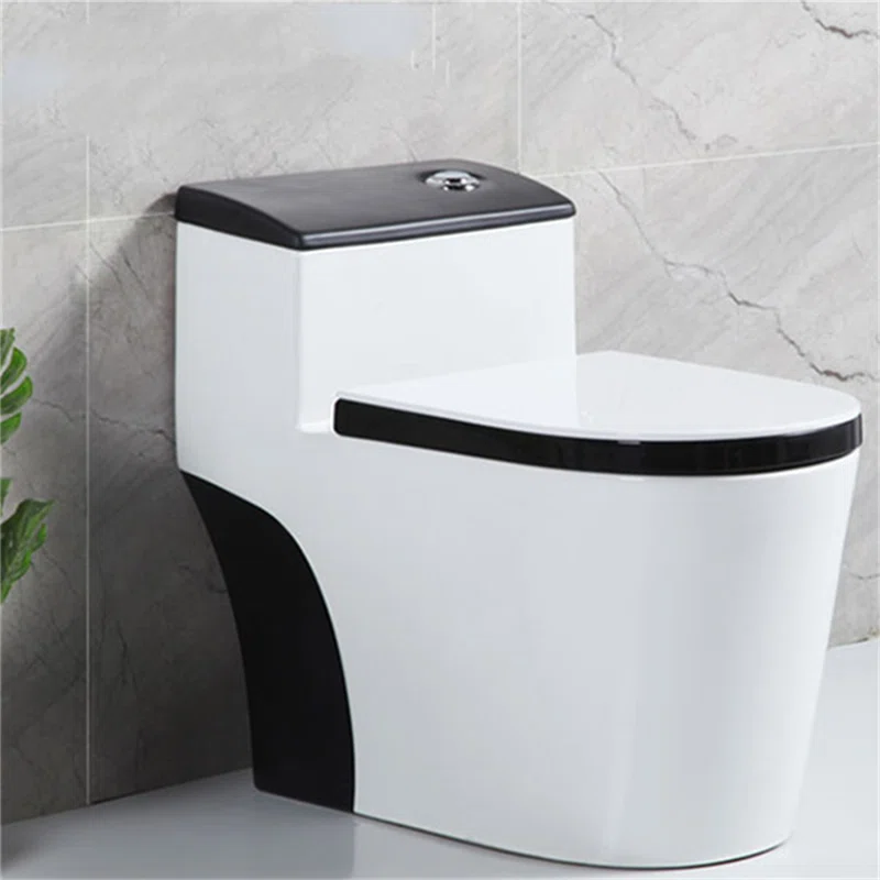 InArt Syphonic Washdown Flush Ceramic One Piece Western Toilet Commode - Water Closet White Black Glossy S-Trap - InArt-Studio