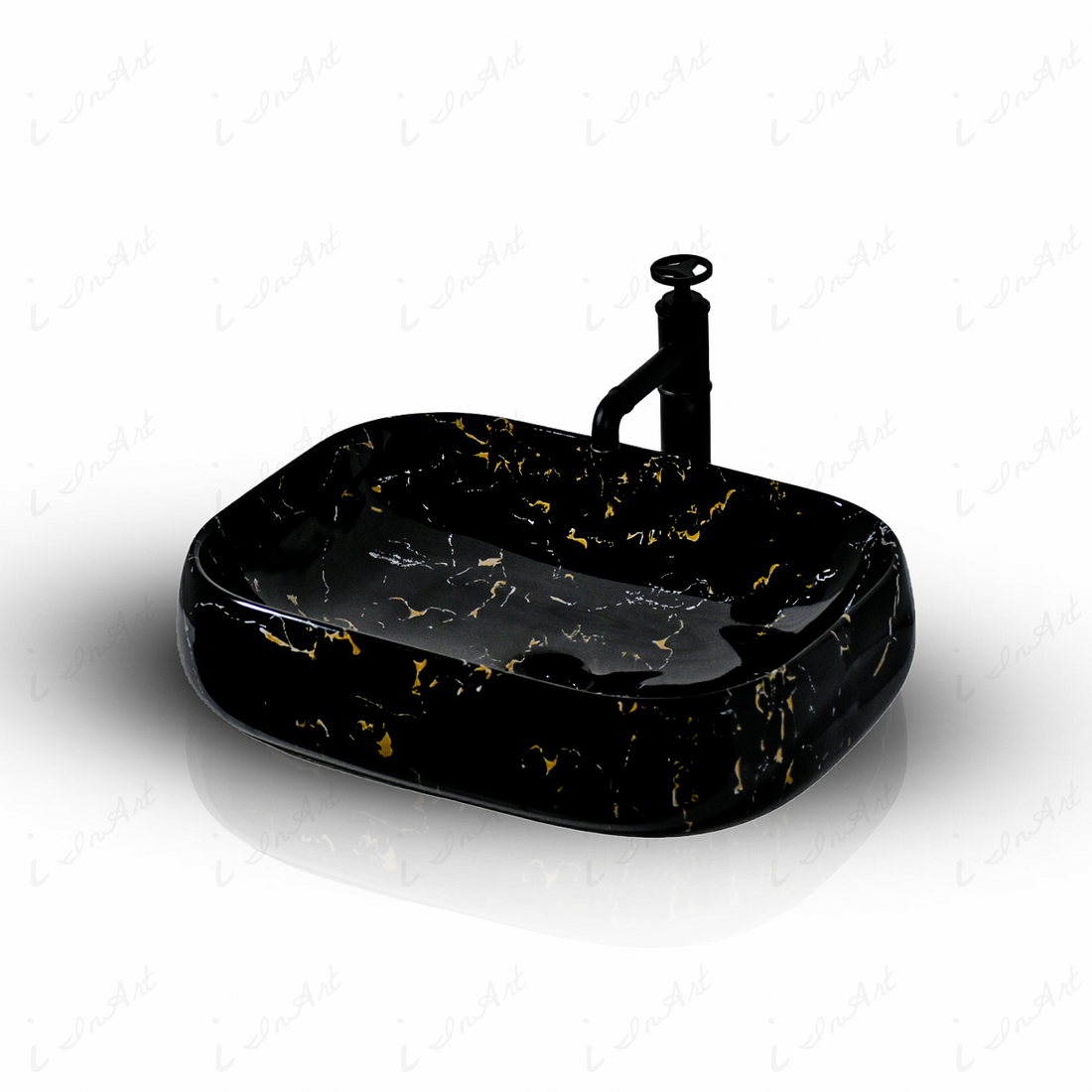 InArt black ceramic table top wash basin with marble design pattern, modern designer bathroom fixture