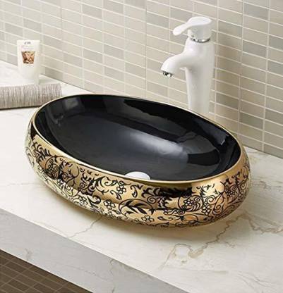 InArt Ceramic Counter or Table Top Wash Basin 60x40 CM Black Golden - InArt-Studio