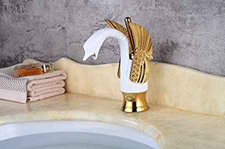 InArt Single Lever Basin Mixer Taps for Bathroom Swan Shape Brass White Gold - InArt-Studio
