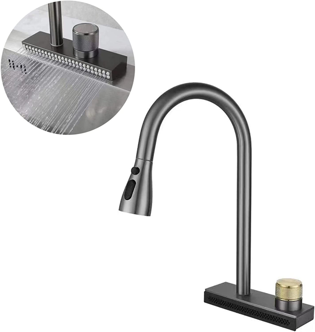 InArt 3 Flow Waterfall Sink Tap Faucet Single Lever Kitchen Sink Mixer 360° Rotatable Pull Out Kitchen Faucet Black Color - InArt-Studio