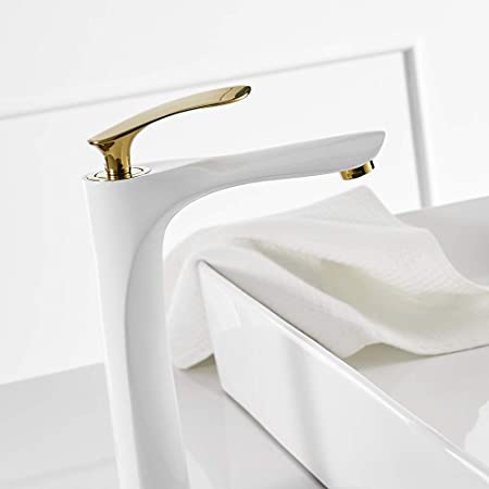 InArt Bathroom Single Lever Hole Basin Mixer Brass Basin High Neck Long Body Sink Faucet White Gold - InArt-Studio