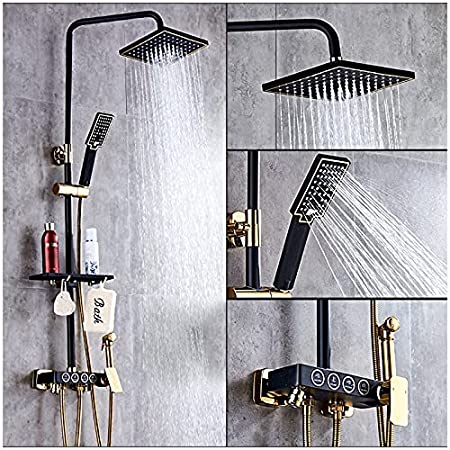 InArt black brass shower panel with rainfall head and handheld shower - full front view of complete system