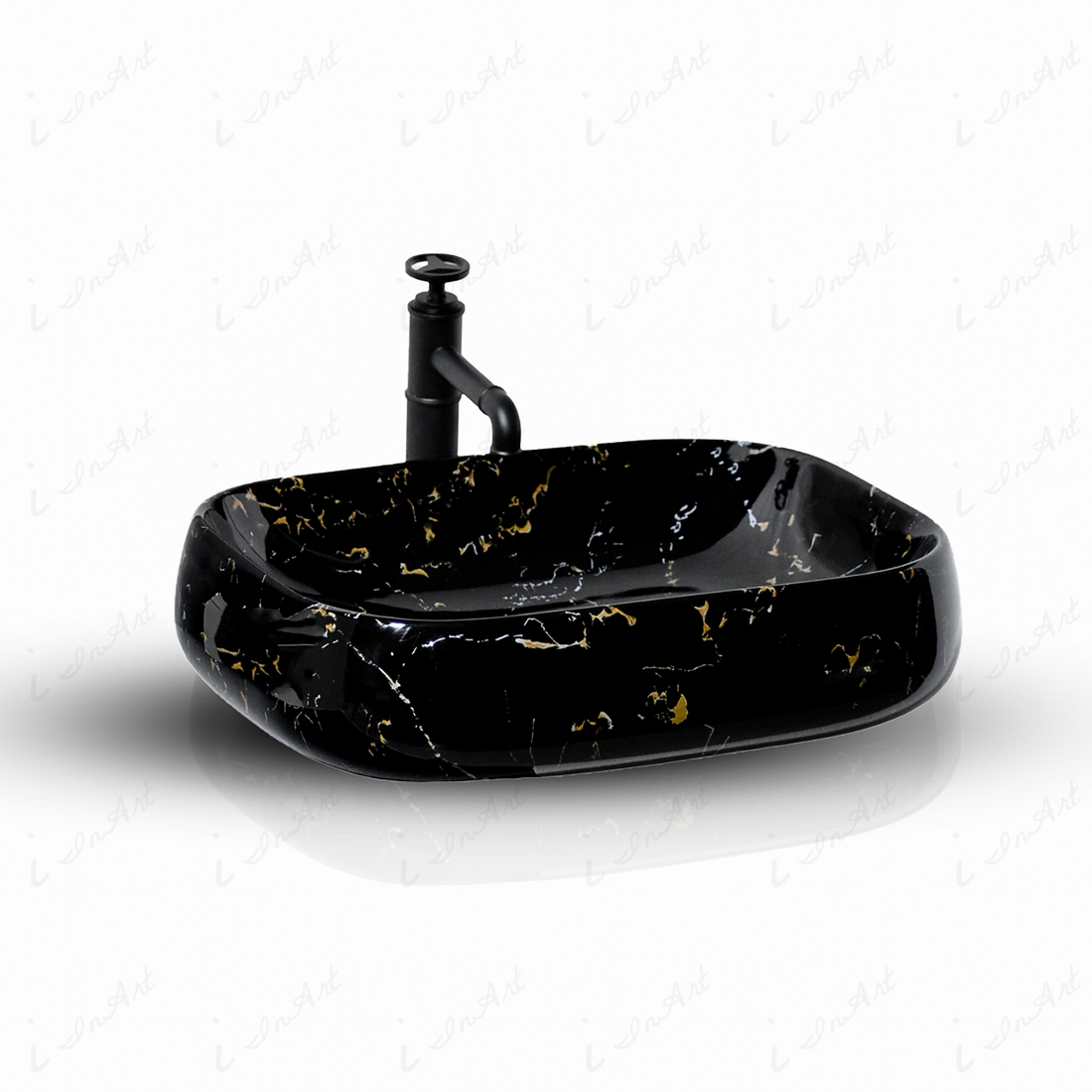 InArt black ceramic table top wash basin with marble design pattern, modern designer bathroom fixture