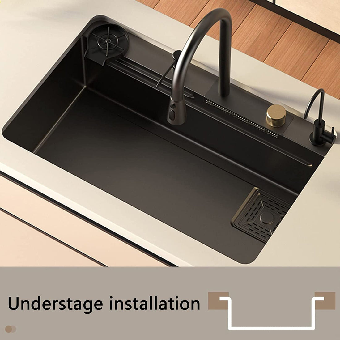 Latest Sink for kitchen InArt Waterfall Kitchen Sink Nano Stainless Steel Single Bowl Black Color 32x18 Inches With Pull-out and Waterfall Faucet, RO tap, Cup washer, Drain Basket Handmade Multi-purpose Sink - InArt-Studio