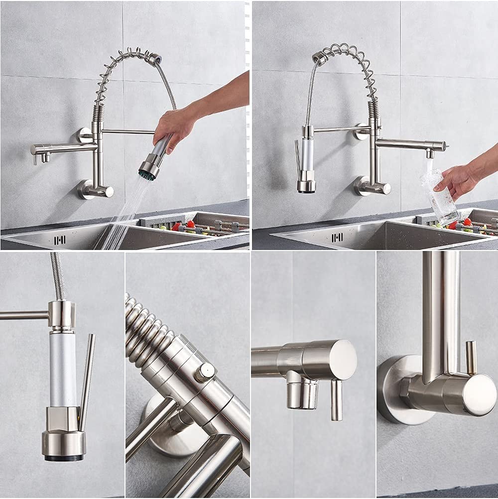 InArt Single Lever Wall Mounted Kitchen Sink Tap 360° Pull-Down Sprayer Kitchen Sink Cock Tap Faucet with Multi-Function Spray Head, Chrome Finish - InArt-Studio