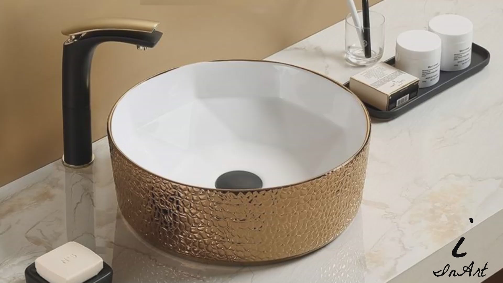 inart gold color wash basin rounf table top