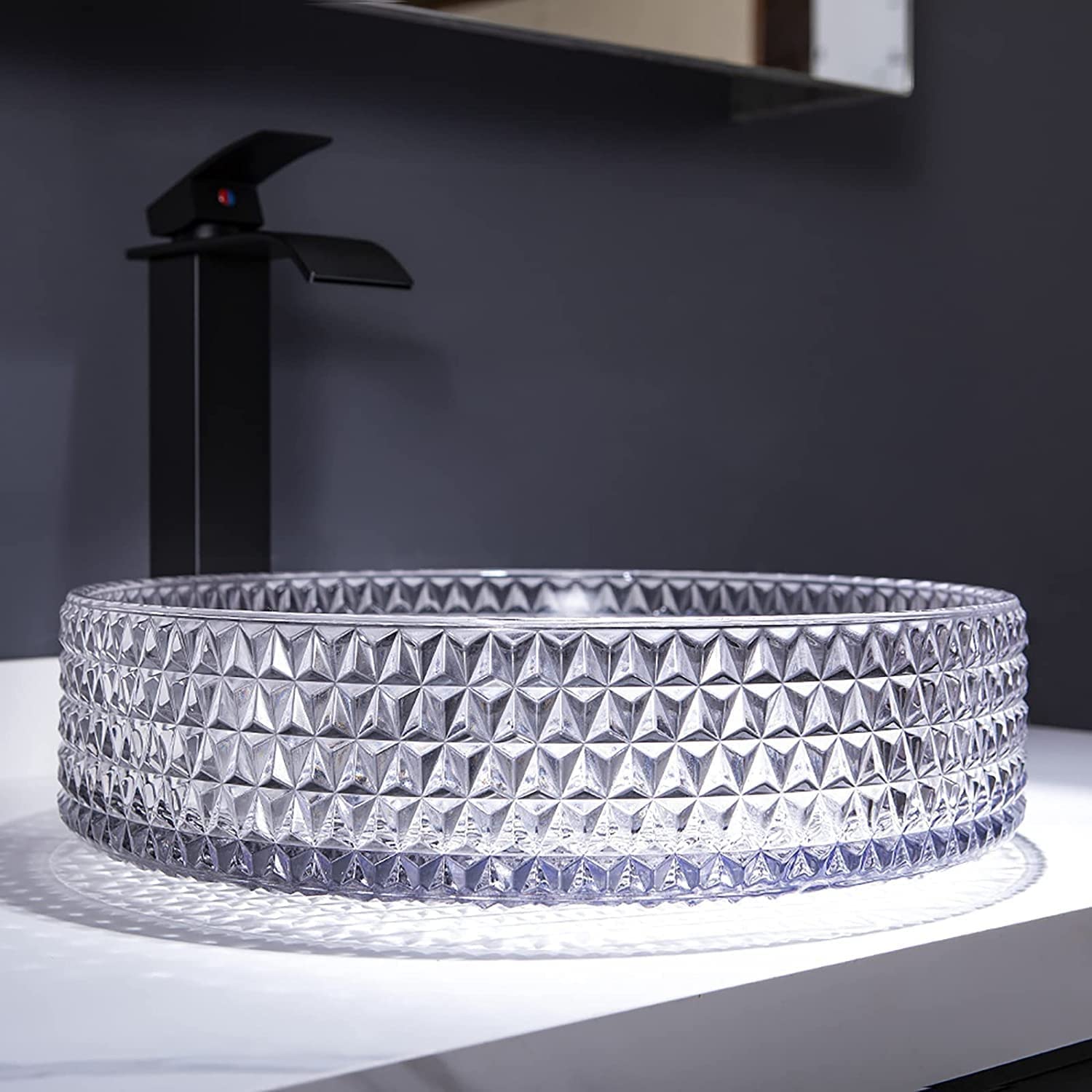 InArt Modern Glass Table Top Wash Basin 39.5 x 39.5 CM Transparent Clear Crystal Diamond Design - InArt-Studio