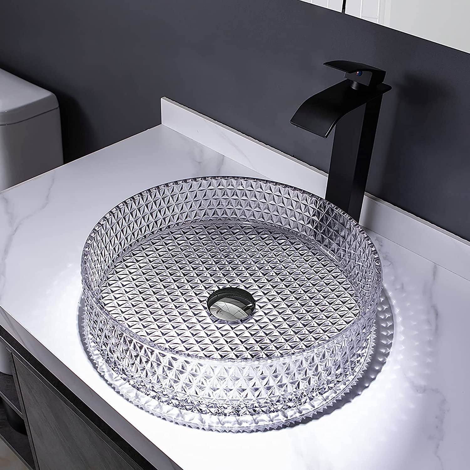 InArt Modern Glass Table Top Wash Basin 39.5 x 39.5 CM Transparent Clear Crystal Diamond Design - InArt-Studio