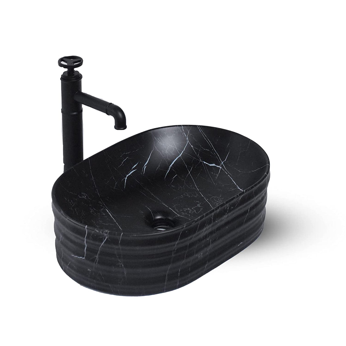 InArt black ceramic table top wash basin 47x32cm with modern matt marble design for bathroom counter