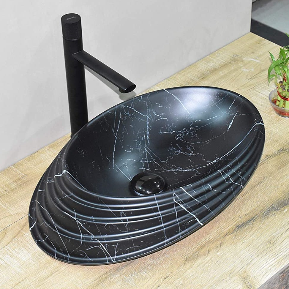 Black ceramic designer table top wash basin with marble pattern - InArt 50x38cm counter basin main view