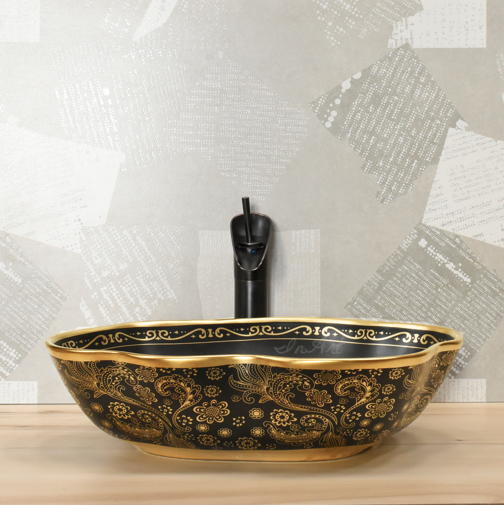 InArt Wash Basin Table Top Design Matt Black Golden Color 50 x 38 CM Counter Basin - InArt-Studio